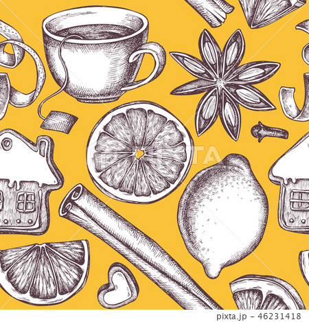 Seamless pattern with colored gingerbread, cinnamon, lemons, oranges, tea cup 46231418