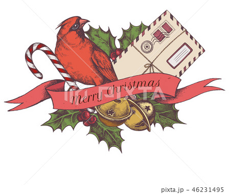 Vector composition with colored jingles, cardinal, letters, lollipop, holly 46231495