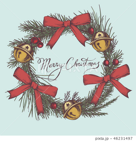 Vector composition with colored jingles, bow, rowan, lettering, pine branch, spruce, redwood 46231497