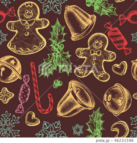Seamless pattern with colored bells, jingles, gingerbread men, gingerbread, lollipop, candies Seamless pattern with colored bells, jingles, gingerbread men, gingerbread, lollipop, candies 46231596