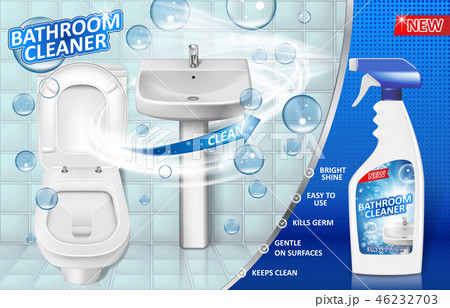 Bathroom cleaners ad poster, spray bottle mockup with liquid soap detergent for bathroom sink and Bathroom cleaners ad poster, spray bottle mockup with liquid soap detergent for bathroom sink and 46232703