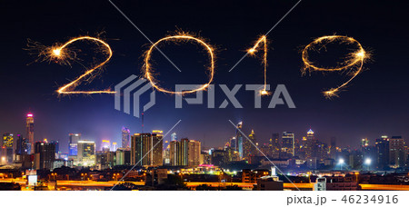 2019 Happy new year firework with Bandkok city 2019 Happy new year firework with Bandkok city 46234916