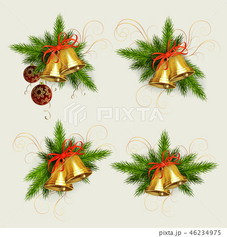 Christmas composition of spruce green branches, golden bells and burgundy balls with golden Christmas composition of spruce green branches, golden bells and burgundy balls with golden 46234975