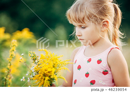 Sweet little girl in a meadow with wild spring flowers 46239054