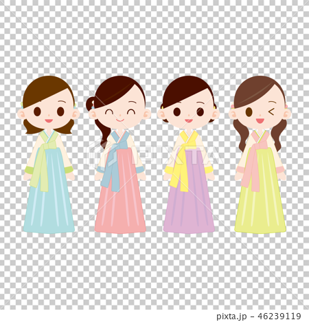 パステルカラーのチマチョゴリを着た女性 4人のイラスト素材