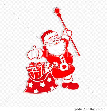 Christmas red white pattern with Santa Claus with staff and a bag with various gifts. Christmas red white pattern with Santa Claus with staff and a bag with various gifts. 46239302