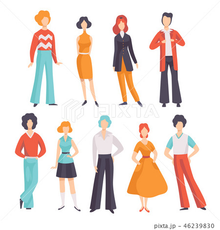 Collection of young men and women wearing vintage clothing, retro fashion people from 70s vector Collection of young men and women wearing vintage clothing, retro fashion people from 70s vector 46239830