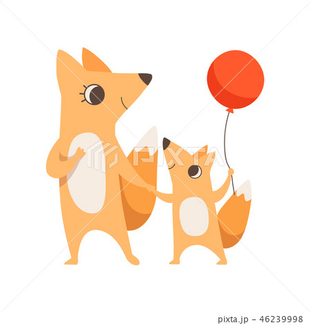 Loving mother fox and her little baby holding hands, fox cub with red balloon, animal family Loving mother fox and her little baby holding hands, fox cub with red balloon, animal family 46239998
