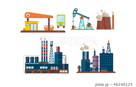 Flat vector set of oil industry icons. Gas station, factory buildings, drilling rig. Extraction and 46240125