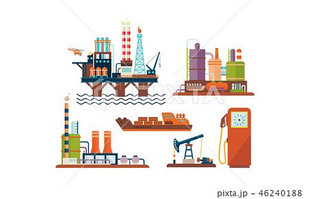 Flat vector set of oil and gas production industry icons. Oil platform, ship, factory buildings and 46240188