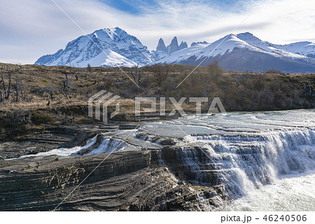 Waterfall and granite towers at Torres del Paine national park of Chile 46240506
