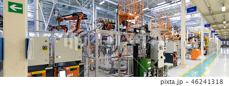 Automated Assembly process of cars by robots. Automotive production line. long format. Wide frame Automated Assembly process of cars by robots. Automotive production line. long format. Wide frame 46241318