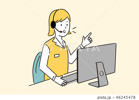 チャットサポート、リモートワーク、画面を見て笑顔で話す女性のイラスト 46245478