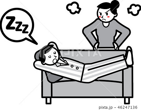 ソファで眠る男性と怒る女性のイラスト素材