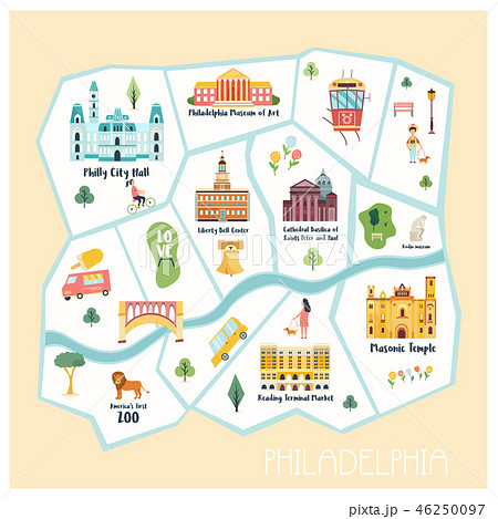 Detailed Illustrated Map Of Philadelphia Cityのイラスト素材