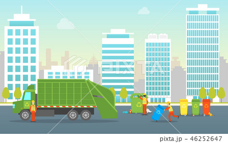 Cartoon Working with Garbage in City Card Poster. Vector Cartoon Working with Garbage in City Card Poster. Vector 46252647