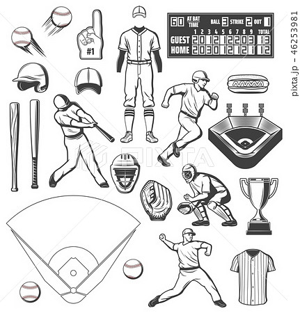 Baseball Sport Equipment And Players Outfit Iconsのイラスト素材