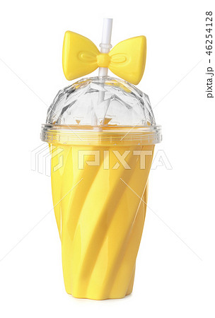 Yellow reusable plastic cup with lid and straw Yellow reusable plastic cup with lid and straw 46254128