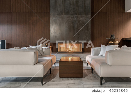 Modern interior with wooden wall and burning fireplace Modern interior with wooden wall and burning fireplace 46255346