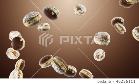 Falling many sweet donuts on brown background 46256111