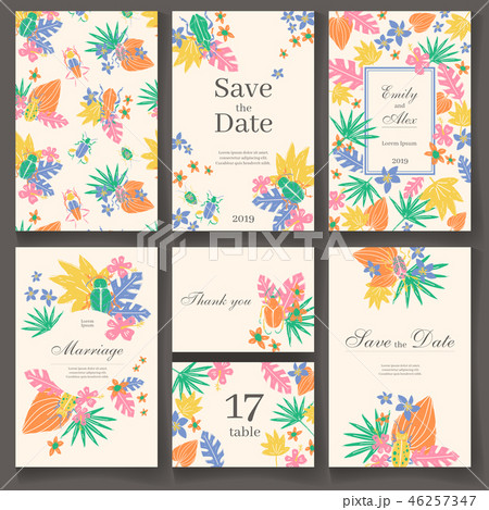 Ready wedding card template. Beautiful tropic plants and bugs. V 46257347