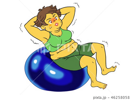バランスボールで腹筋をするぽっちゃり女性のイラスト素材