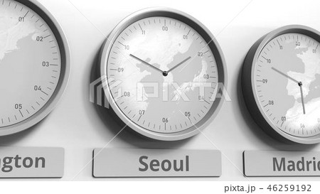Clock shows Seoul, South Korea time among different timezones. Conceptual 3D rendering 46259192