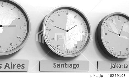 Clock shows Santiago, Santiago de chile time among different timezones. Conceptual 3D rendering 46259193