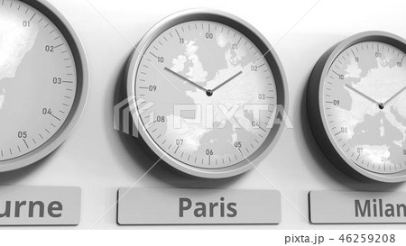 Focus on the clock showing Paris, France time. Conceptual 3D rendering 46259208