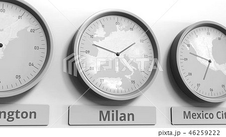Focus on the clock showing Milan, Italy time. Conceptual 3D rendering Focus on the clock showing Milan, Italy time. Conceptual 3D rendering 46259222