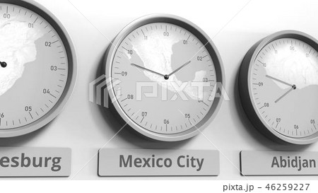 Clock shows Mexico City, Mexico time among different timezones. Conceptual 3D rendering Clock shows Mexico City, Mexico time among different timezones. Conceptual 3D rendering 46259227