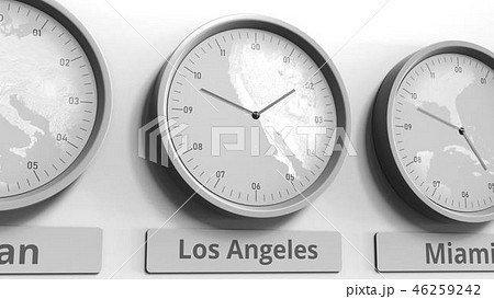 Round clock showing Los Angeles, USA time within world time zones. Conceptual 3D rendering Round clock showing Los Angeles, USA time within world time zones. Conceptual 3D rendering 46259242