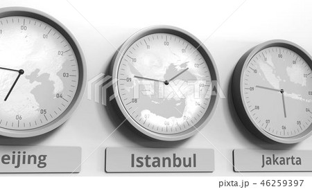Round clock showing Istanbul, Turkey time within world time zones. Conceptual 3D rendering 46259397