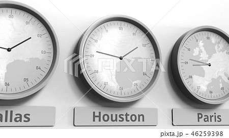 Focus on the clock showing Houston, USA time. Conceptual 3D rendering Focus on the clock showing Houston, USA time. Conceptual 3D rendering 46259398