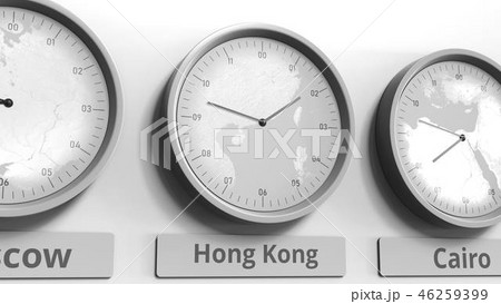 Round clock showing Hong Kong, China time within world time zones. Conceptual 3D rendering Round clock showing Hong Kong, China time within world time zones. Conceptual 3D rendering 46259399