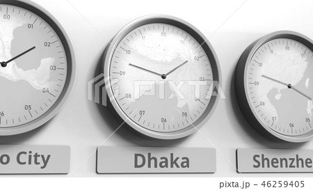 Round clock showing Dhaka, Bangladesh time within world time zones. Conceptual 3D rendering Round clock showing Dhaka, Bangladesh time within world time zones. Conceptual 3D rendering 46259405