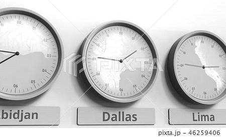 Clock shows Dallas, USA time among different timezones. Conceptual 3D rendering Clock shows Dallas, USA time among different timezones. Conceptual 3D rendering 46259406