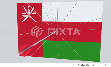 Archery arrow hits flag of OMAN plate. National security breach related 3D rendering Archery arrow hits flag of OMAN plate. National security breach related 3D rendering 46259540