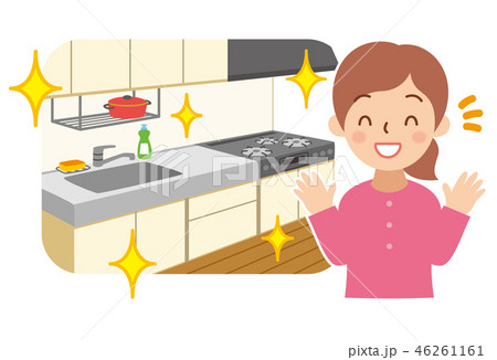 綺麗なキッチンと喜ぶ女性のイラスト素材 46261161 Pixta