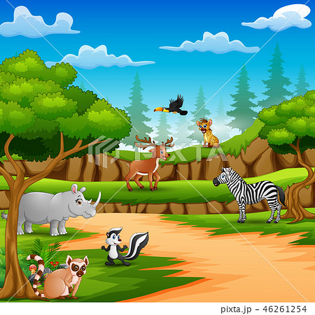 Happy animals cartoon on the nature scene Happy animals cartoon on the nature scene 46261254