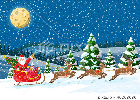 Christmas santa claus rides reindeer sleigh. 46263030