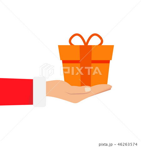 Gift from Santa Claus. Santa Claus holding white gift box in hand. Vector illustration flat design 46263574