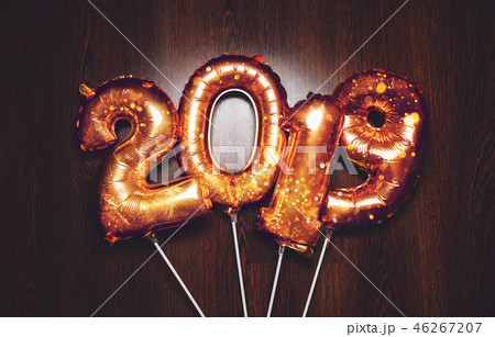 New Year 2019 Bright metallic gold balloons figures, Christmas, New Year Balloon with glitter stars 46267207