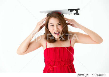 Woman has saw on head, halloween idea. 46268085