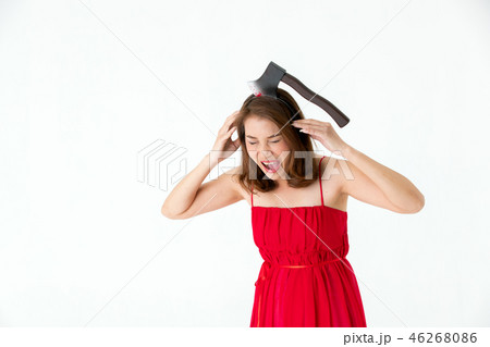 Woman has axe on head, halloween idea. Woman has axe on head, halloween idea. 46268086
