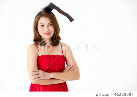 Woman has axe on head, halloween idea. Woman has axe on head, halloween idea. 46268087
