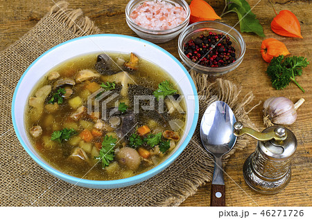 Delicious hot soup with wild mushrooms  46271726
