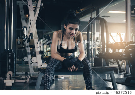 Women are tired in fitness club. Women are tired in fitness club. 46272516