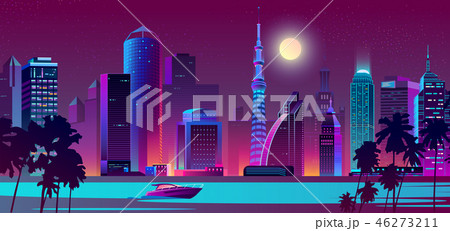 Vector night city on river with boat 46273211