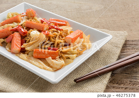 stir fried instant noodle with crab stick 46275378